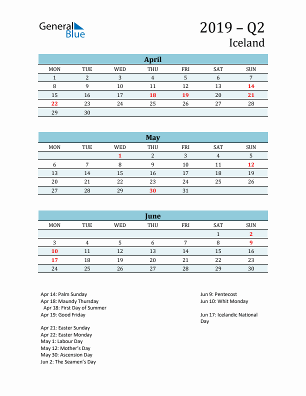 Three-Month Planner for Q2 2019 with Holidays - Iceland