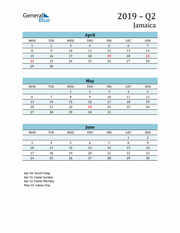 Three-Month Planner for Q2 2019 with Holidays - Jamaica