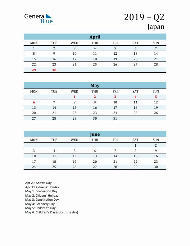 Three-Month Planner for Q2 2019 with Holidays - Japan