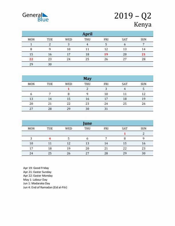 Three-Month Planner for Q2 2019 with Holidays - Kenya