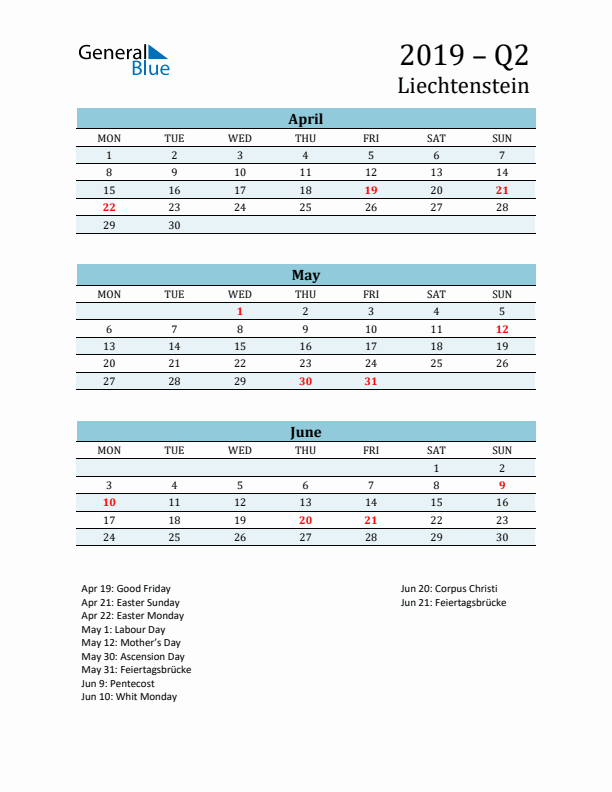 Three-Month Planner for Q2 2019 with Holidays - Liechtenstein