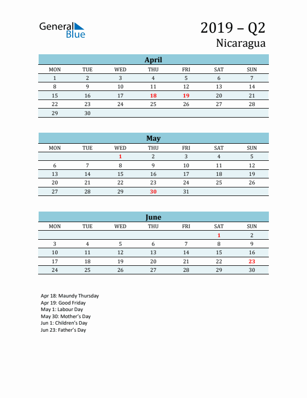 Three-Month Planner for Q2 2019 with Holidays - Nicaragua