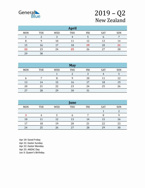 Three-Month Planner for Q2 2019 with Holidays - New Zealand