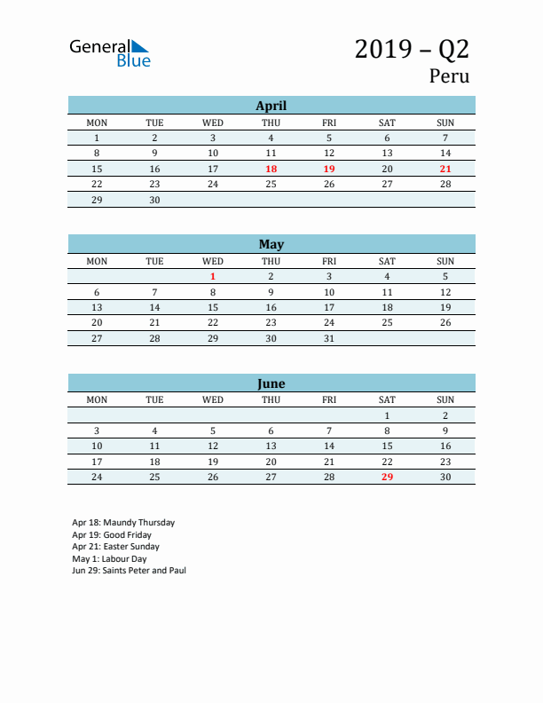 Three-Month Planner for Q2 2019 with Holidays - Peru