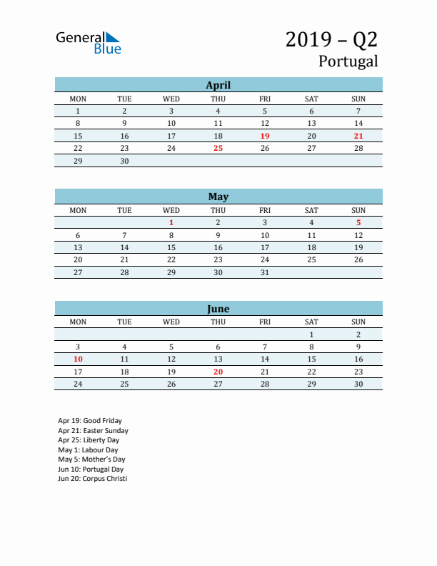 Three-Month Planner for Q2 2019 with Holidays - Portugal