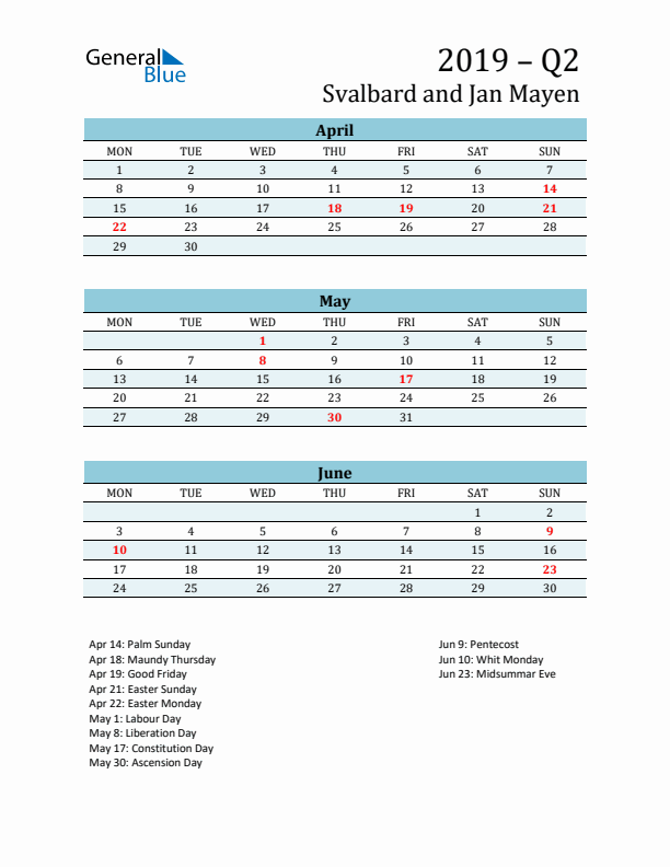 Three-Month Planner for Q2 2019 with Holidays - Svalbard and Jan Mayen