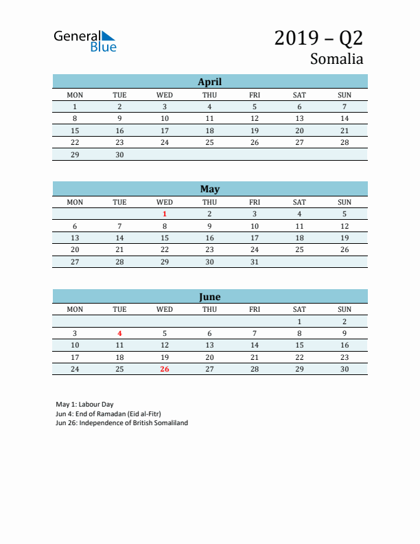 Three-Month Planner for Q2 2019 with Holidays - Somalia