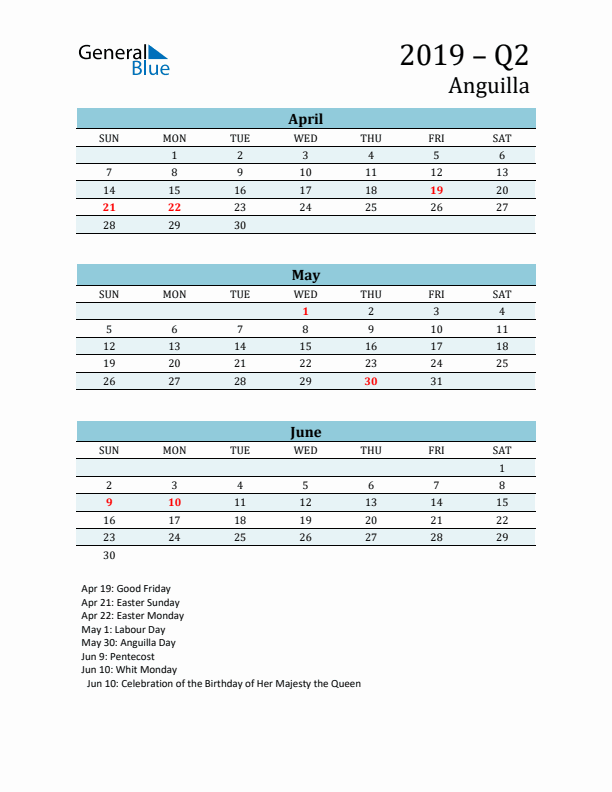 Three-Month Planner for Q2 2019 with Holidays - Anguilla