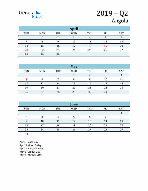 Three-Month Planner for Q2 2019 with Holidays - Angola