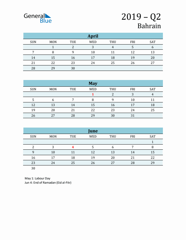 Three-Month Planner for Q2 2019 with Holidays - Bahrain