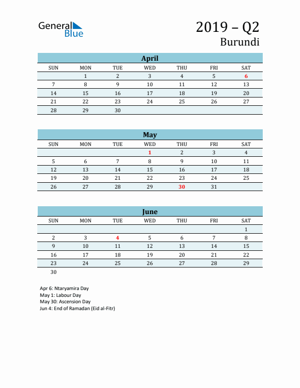 Three-Month Planner for Q2 2019 with Holidays - Burundi