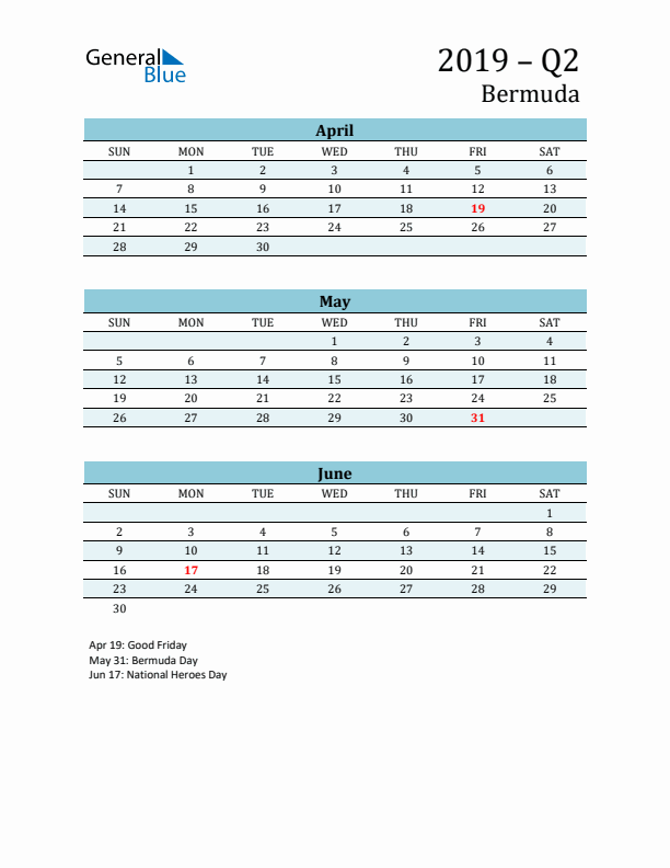 Three-Month Planner for Q2 2019 with Holidays - Bermuda