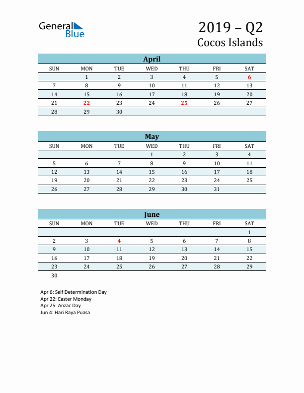 Three-Month Planner for Q2 2019 with Holidays - Cocos Islands