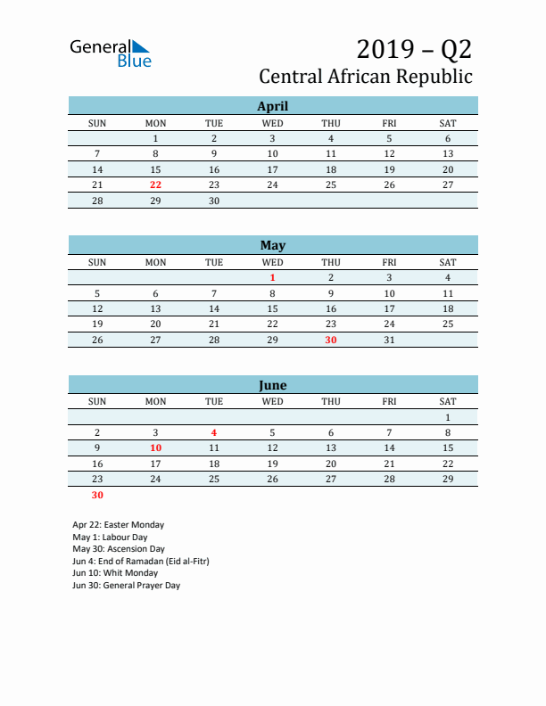 Three-Month Planner for Q2 2019 with Holidays - Central African Republic