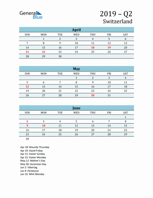 Three-Month Planner for Q2 2019 with Holidays - Switzerland