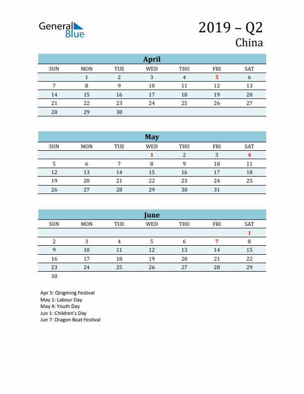 Three-Month Planner for Q2 2019 with Holidays - China