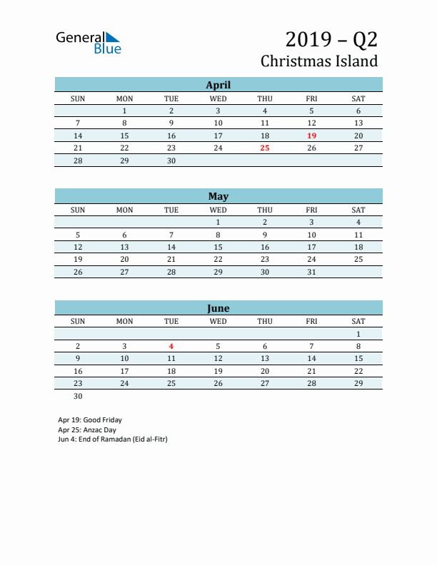 Three-Month Planner for Q2 2019 with Holidays - Christmas Island