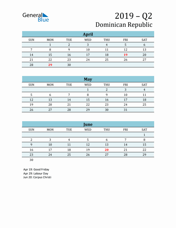 Three-Month Planner for Q2 2019 with Holidays - Dominican Republic