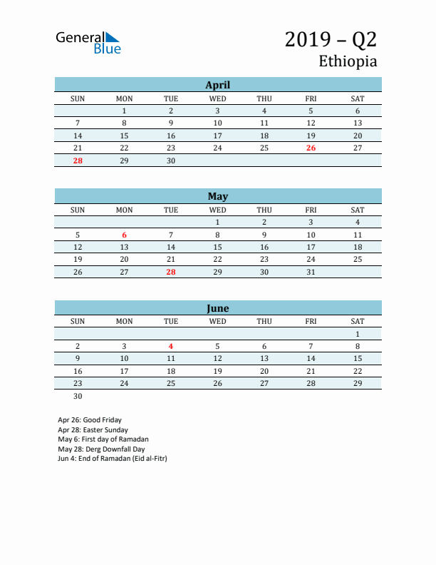 Three-Month Planner for Q2 2019 with Holidays - Ethiopia