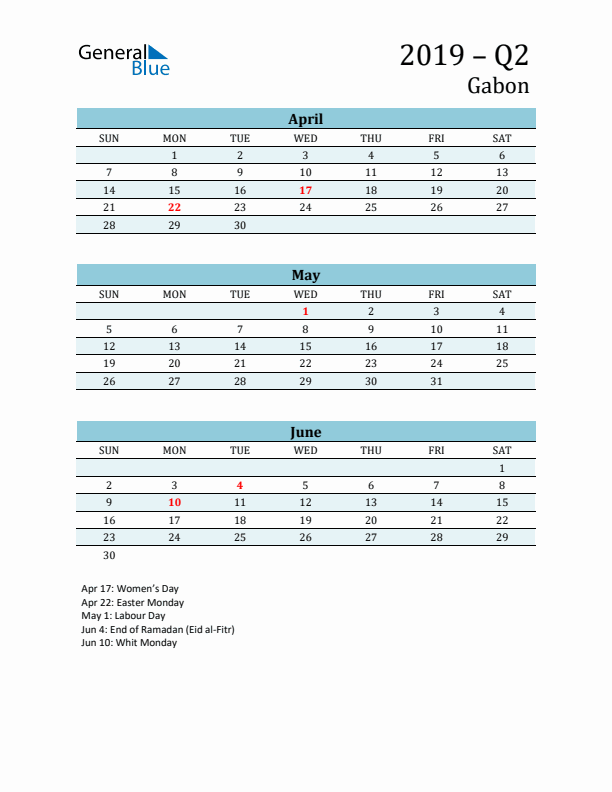 Three-Month Planner for Q2 2019 with Holidays - Gabon