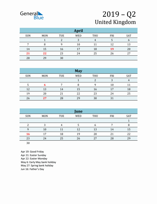 Three-Month Planner for Q2 2019 with Holidays - United Kingdom