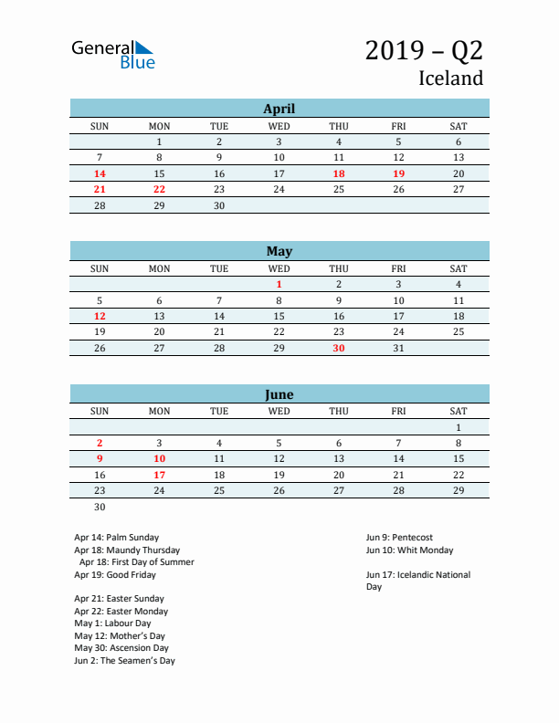 Three-Month Planner for Q2 2019 with Holidays - Iceland