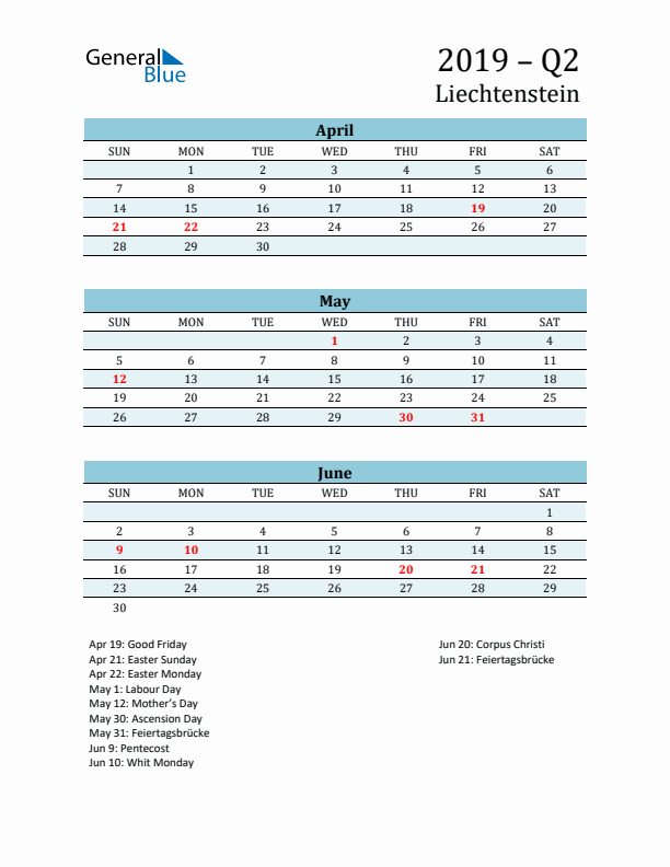 Three-Month Planner for Q2 2019 with Holidays - Liechtenstein