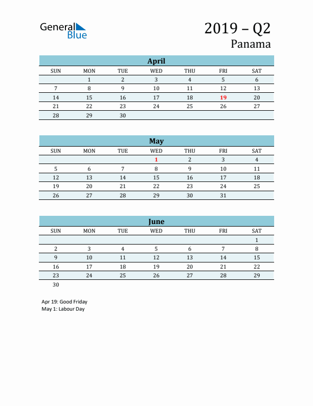 Three-Month Planner for Q2 2019 with Holidays - Panama