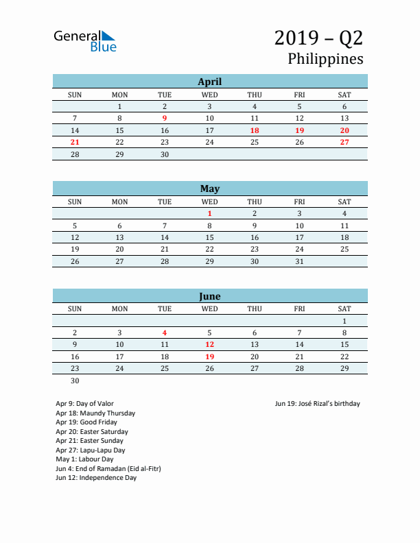 Three-Month Planner for Q2 2019 with Holidays - Philippines