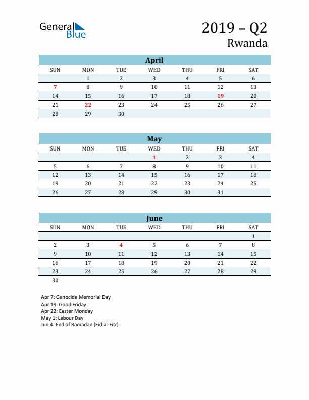 Three-Month Planner for Q2 2019 with Holidays - Rwanda