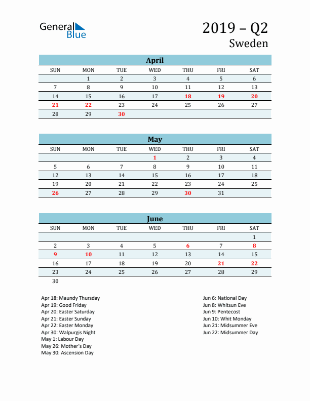 Three-Month Planner for Q2 2019 with Holidays - Sweden