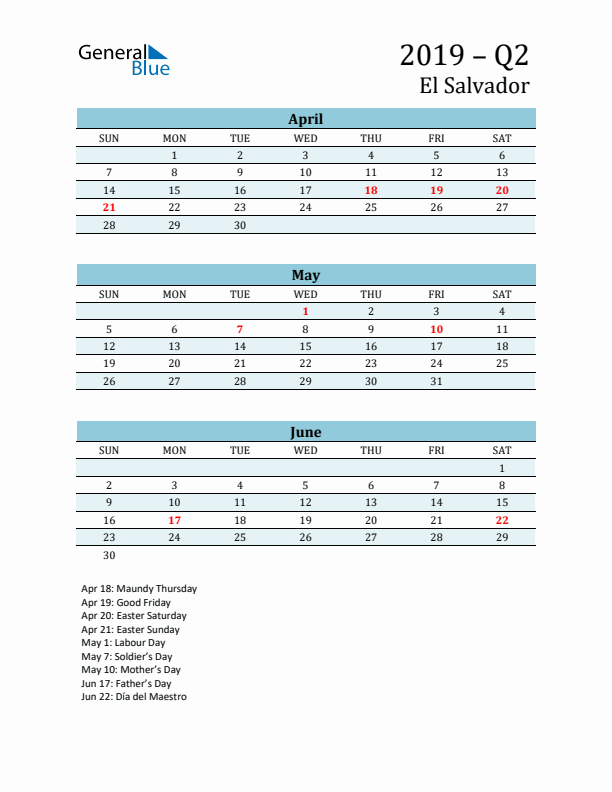 Three-Month Planner for Q2 2019 with Holidays - El Salvador