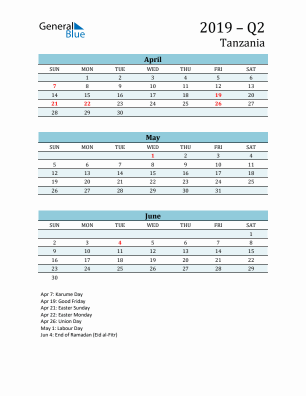 Three-Month Planner for Q2 2019 with Holidays - Tanzania