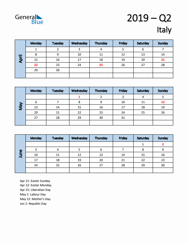 Free Q2 2019 Calendar for Italy - Monday Start