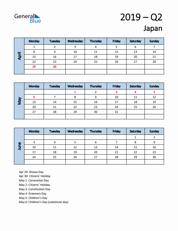 Free Q2 2019 Calendar for Japan - Monday Start