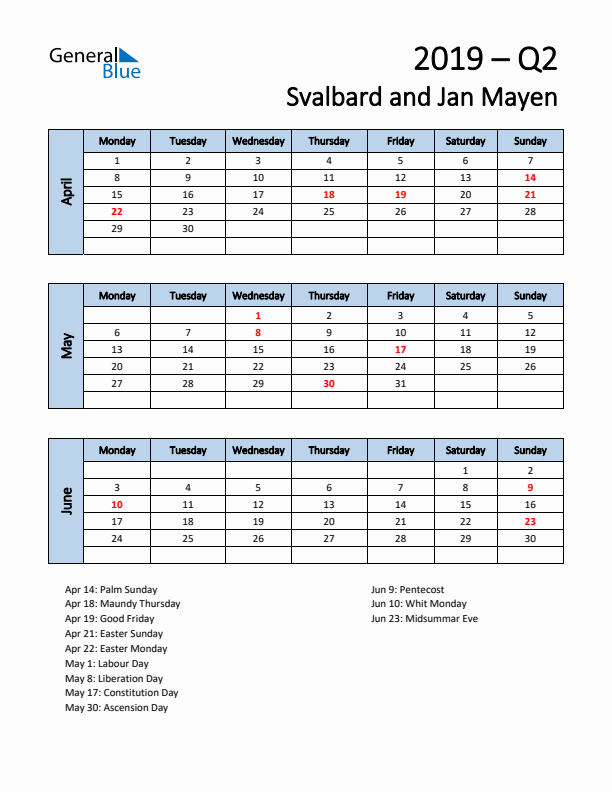 Free Q2 2019 Calendar for Svalbard and Jan Mayen - Monday Start