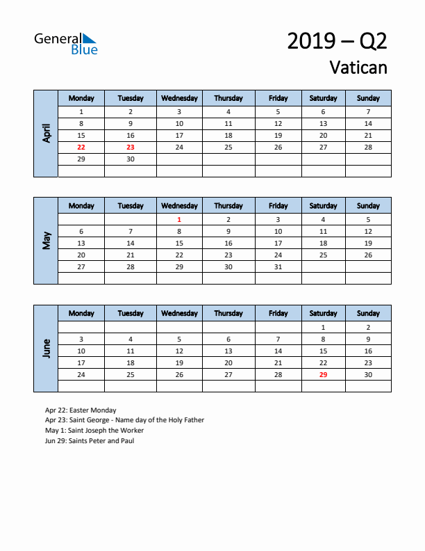 Free Q2 2019 Calendar for Vatican - Monday Start