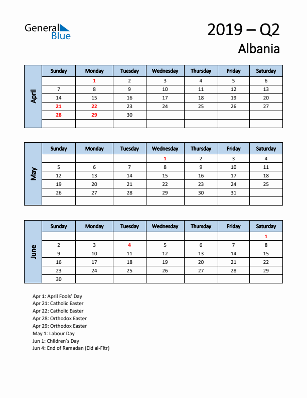 Free Q2 2019 Calendar for Albania - Sunday Start