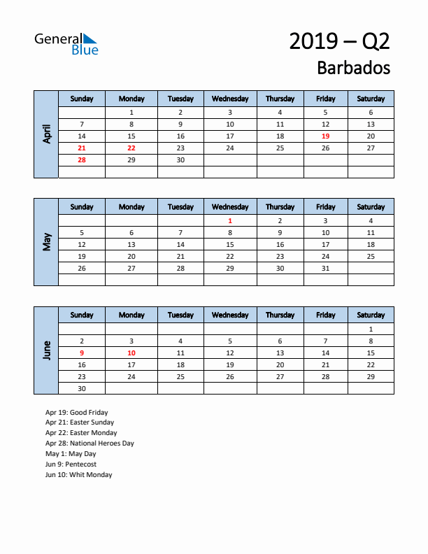 Free Q2 2019 Calendar for Barbados - Sunday Start