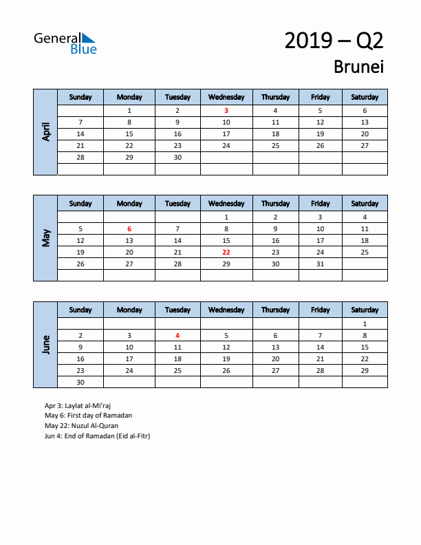 Free Q2 2019 Calendar for Brunei - Sunday Start