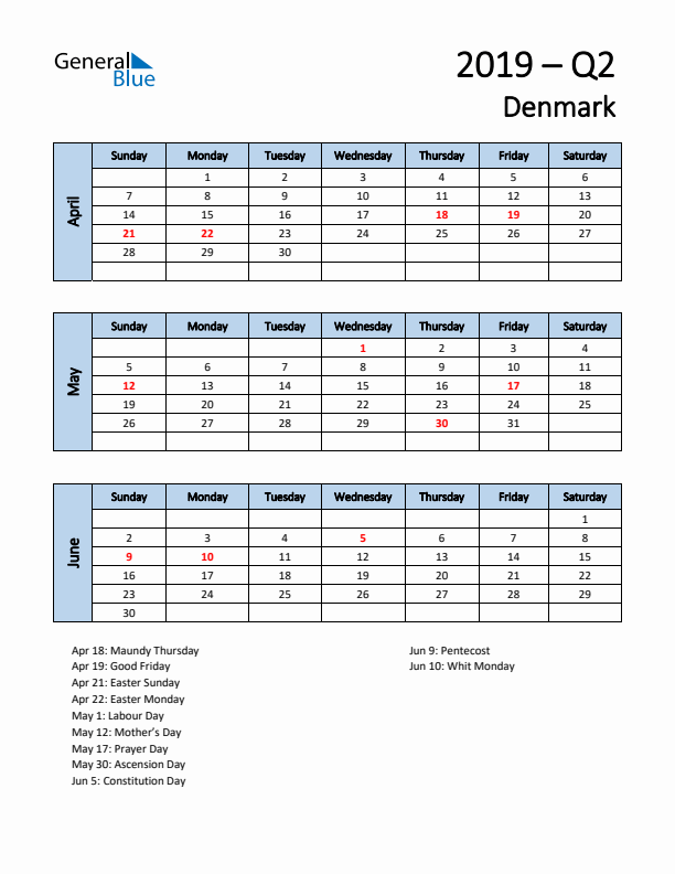 Free Q2 2019 Calendar for Denmark - Sunday Start