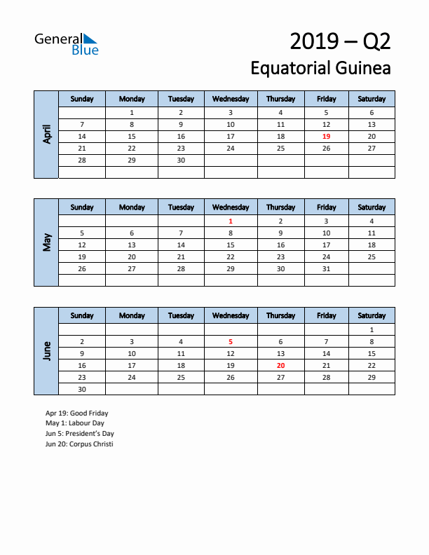 Free Q2 2019 Calendar for Equatorial Guinea - Sunday Start