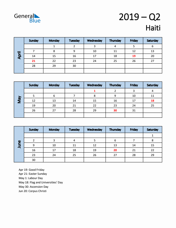 Free Q2 2019 Calendar for Haiti - Sunday Start