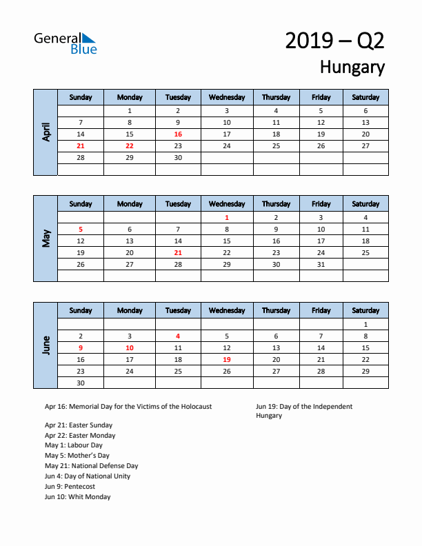 Free Q2 2019 Calendar for Hungary - Sunday Start