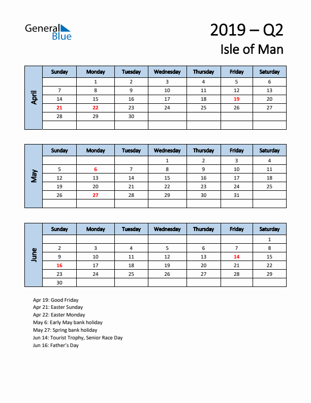 Free Q2 2019 Calendar for Isle of Man - Sunday Start