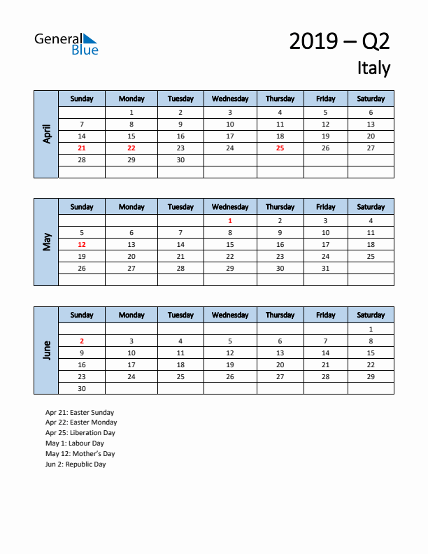 Free Q2 2019 Calendar for Italy - Sunday Start