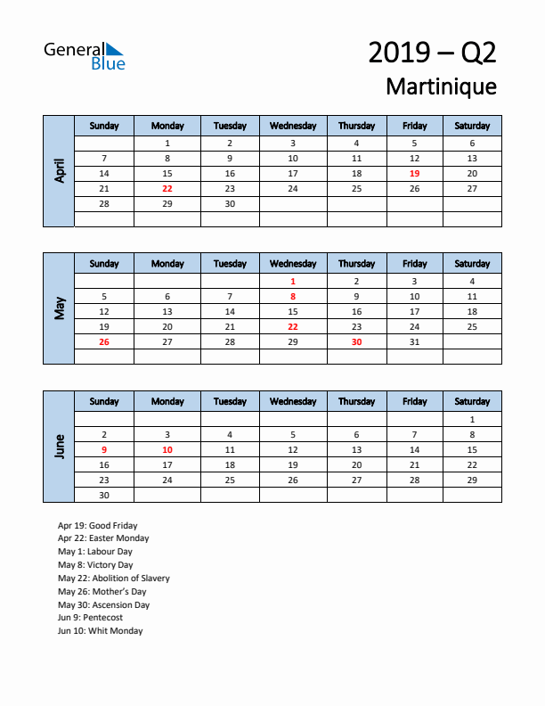 Free Q2 2019 Calendar for Martinique - Sunday Start