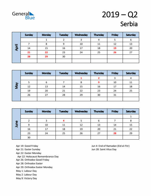 Free Q2 2019 Calendar for Serbia - Sunday Start