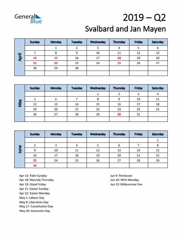 Free Q2 2019 Calendar for Svalbard and Jan Mayen - Sunday Start