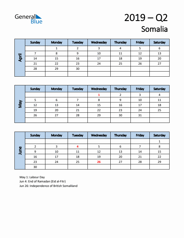 Free Q2 2019 Calendar for Somalia - Sunday Start